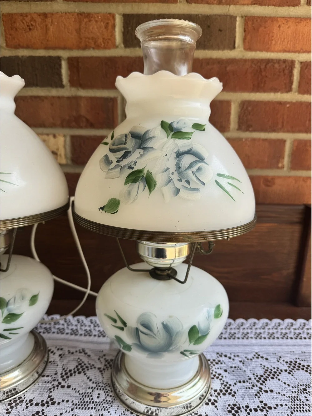 Pair of Vintage Electric Glass Hurricane Table Lamps with Floral Design